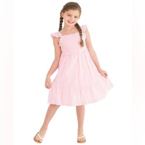 RuffleButts Pink Gingham Smocked Flutter Sleeve Cotton Dress Girls Size 7